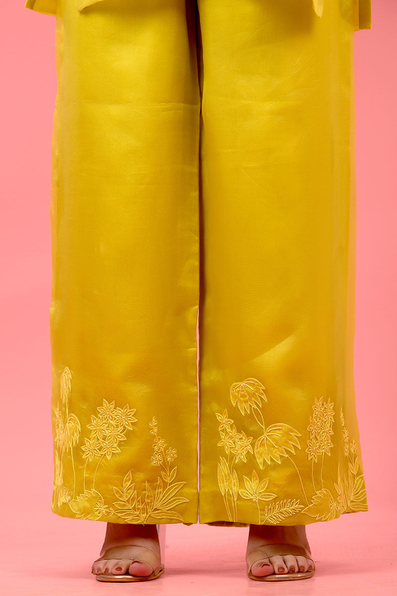 Neon Yellow Embellished Organza Silk Co-ord Set