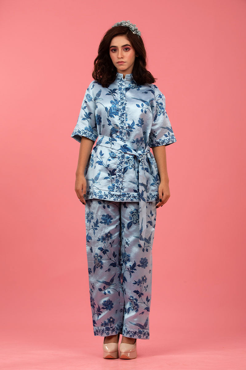 Women In Blue Floral Printed Dupion Co-ord Set At Chinaya Banaras