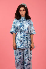 Powder Blue Floral Printed Dupion Co-ord Set