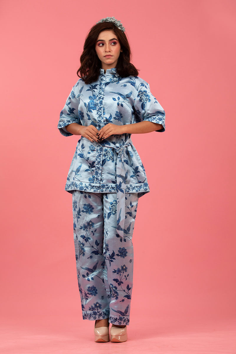 Powder Blue Floral Printed Dupion Co-ord Set - Chinaya Banaras