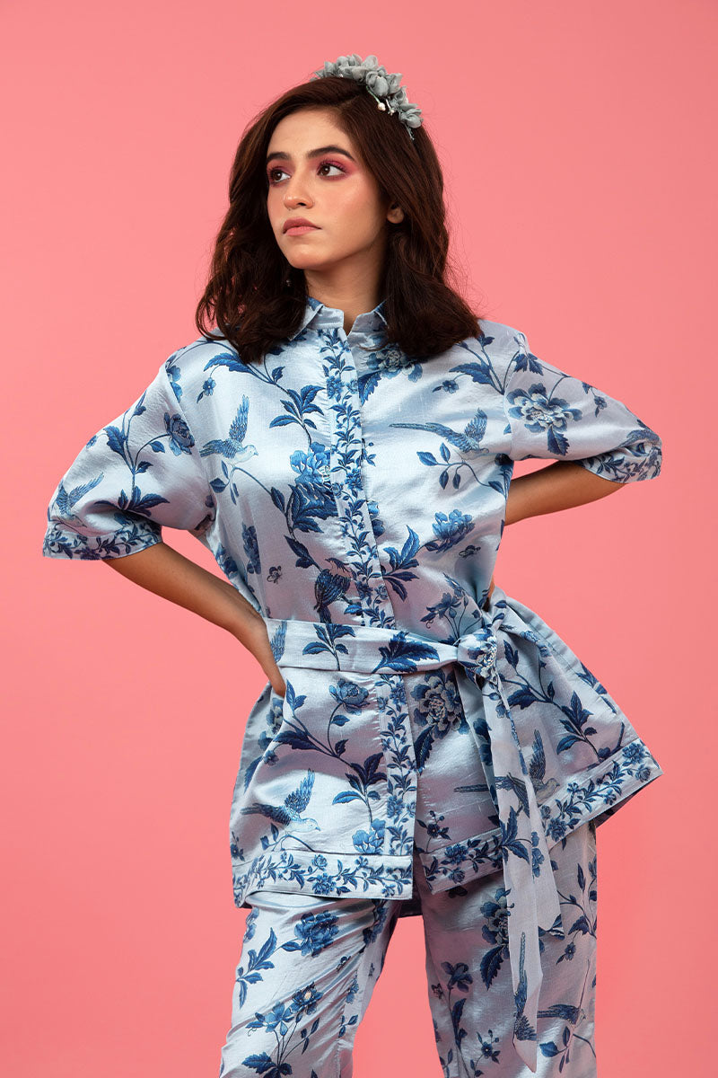 Powder Blue Floral Printed Dupion Co-ord Set