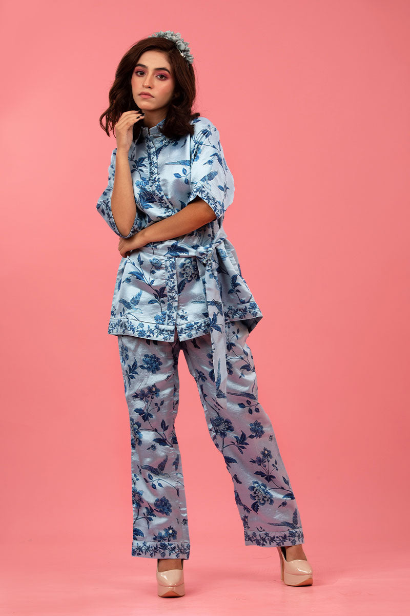 Powder Blue Floral Printed Dupion Co-ord Set