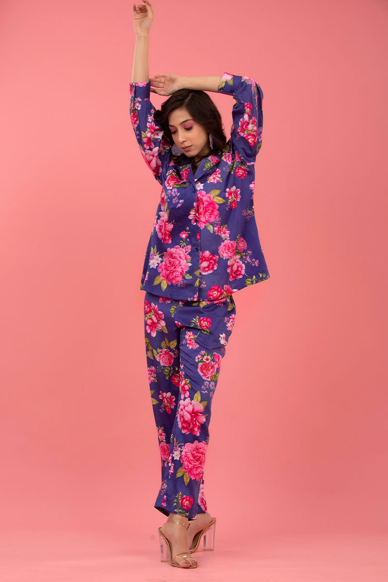 Violet Floral Digital Printed Cotton Co-ord Set - Chinaya Banaras