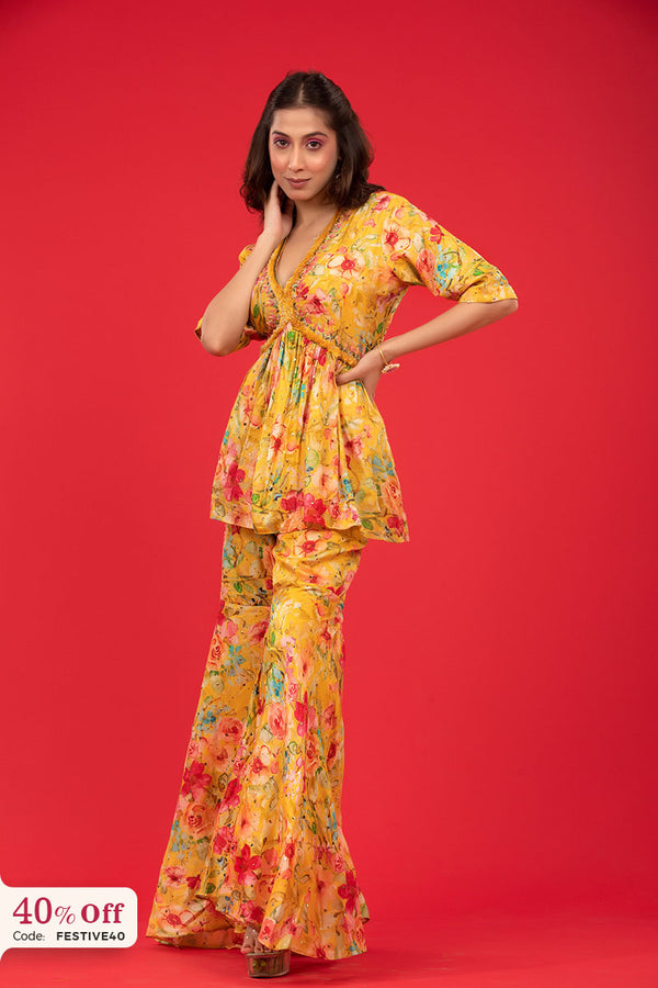 Yellow Co Ord Set With Floral Prints