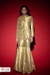 Woman wearing a gold traditional outfit against a red background