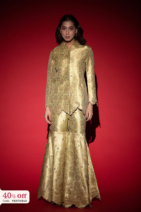 Woman wearing a gold traditional outfit against a red background