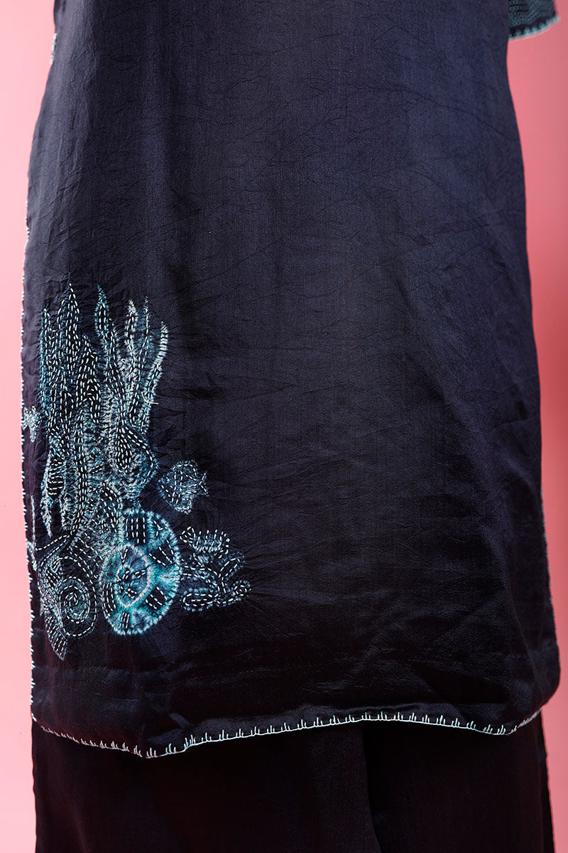 Navy Blue Marine Embroidered Chiniya Silk Kurta Set - Chinaya Banaras