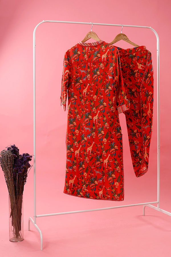 Red Digital Printed Cotton Kurta Set