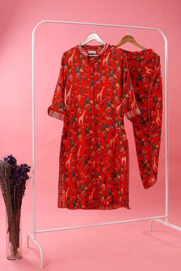 Red Digital Printed Cotton Kurta Set