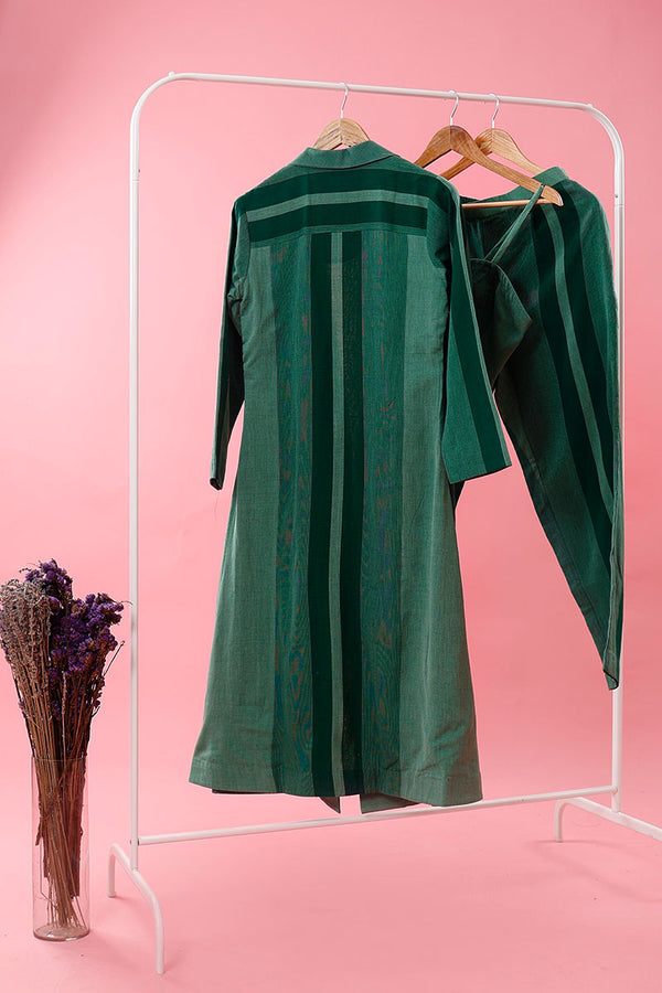 Green Striped Woven Cotton Co-Ord Set With Shrug Overcoat - Chinaya Banaras