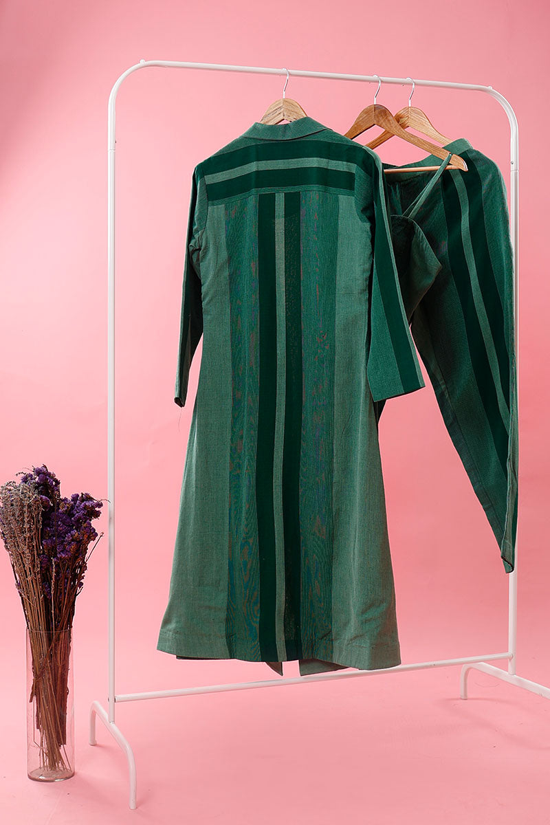 Green Striped Woven Cotton Co-Ord Set With Shrug Overcoat