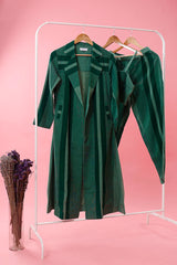 Green Striped Woven Cotton Co-Ord Set With Shrug Overcoat