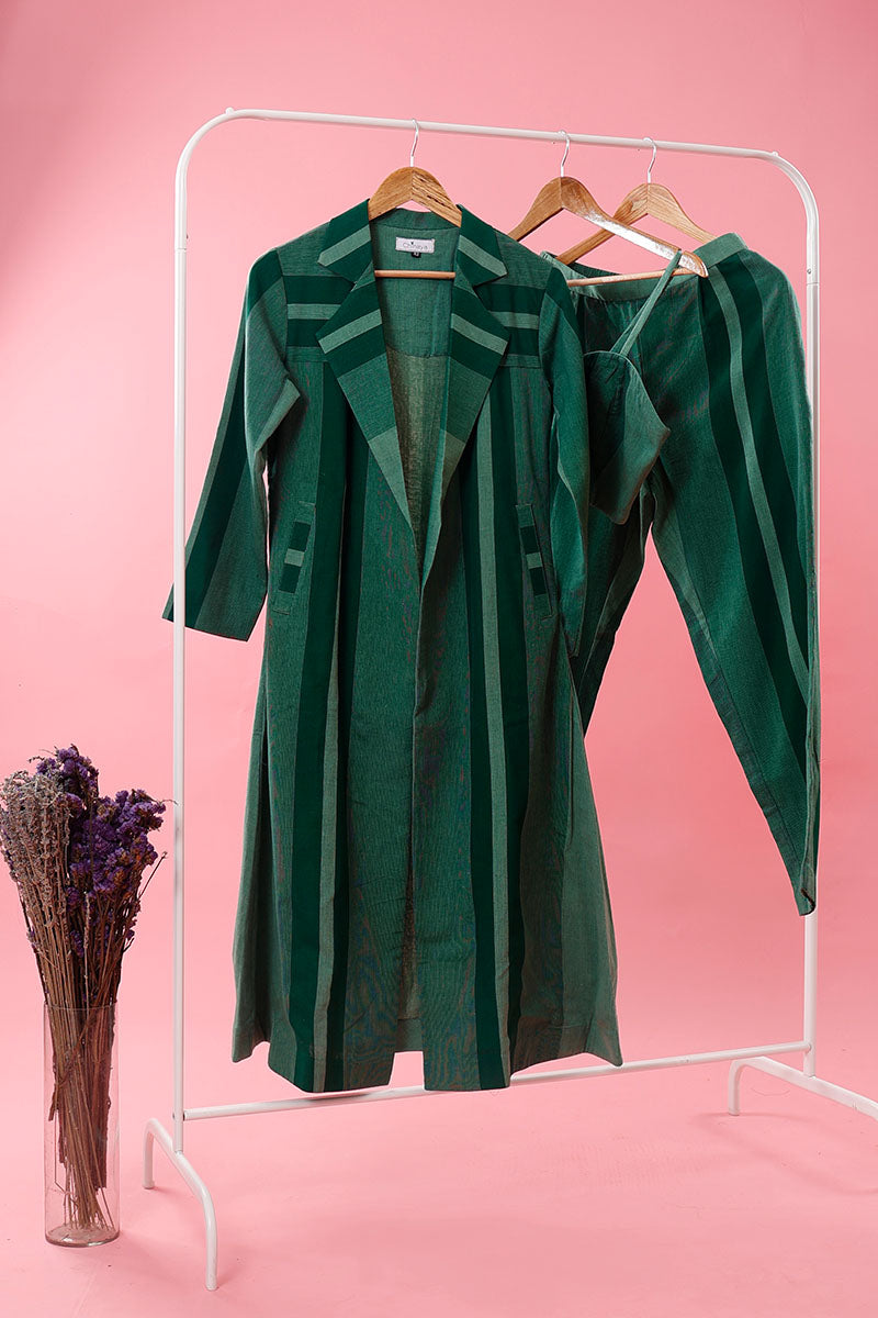 Green Striped Woven Cotton Co-Ord Set With Shrug Overcoat