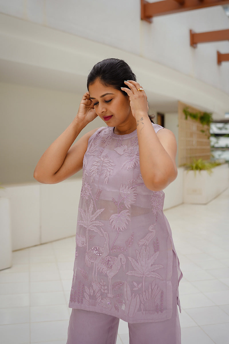 Sunitha Scharma In Pastel Purple Embellished Organza Silk Co-Ord Set - Chinaya Banaras