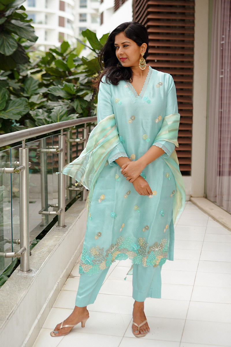 Sunitha Scharma In Aqua Blue Embellished Organza Silk Suit Set - Chinaya Banaras