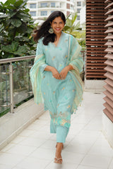 Sunitha Scharma In Aqua Blue Embellished Organza Silk Suit Set - Chinaya Banaras