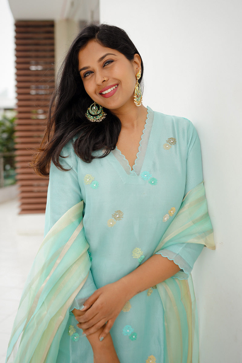 Sunitha Scharma In Aqua Blue Embellished Organza Silk Suit Set - Chinaya Banaras