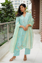 Sunitha Scharma In Aqua Blue Embellished Organza Silk Suit Set - Chinaya Banaras