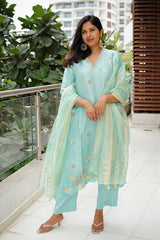 Sunitha Scharma In Aqua Blue Embellished Organza Silk Suit Set - Chinaya Banaras