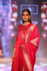 Magenta Pink Ethnic Handwoven Satin Silk Asymmetric Kurta Set - Chinaya Banaras