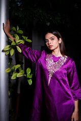 Purple Ethnic Handwoven Satin Silk Asymmetric Kurta Set - Chinaya Banaras