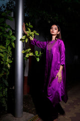 Purple Ethnic Handwoven Satin Silk Asymmetric Kurta Set - Chinaya Banaras