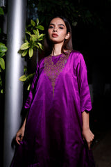 Purple Ethnic Handwoven Satin Silk Asymmetric Kurta Set - Chinaya Banaras