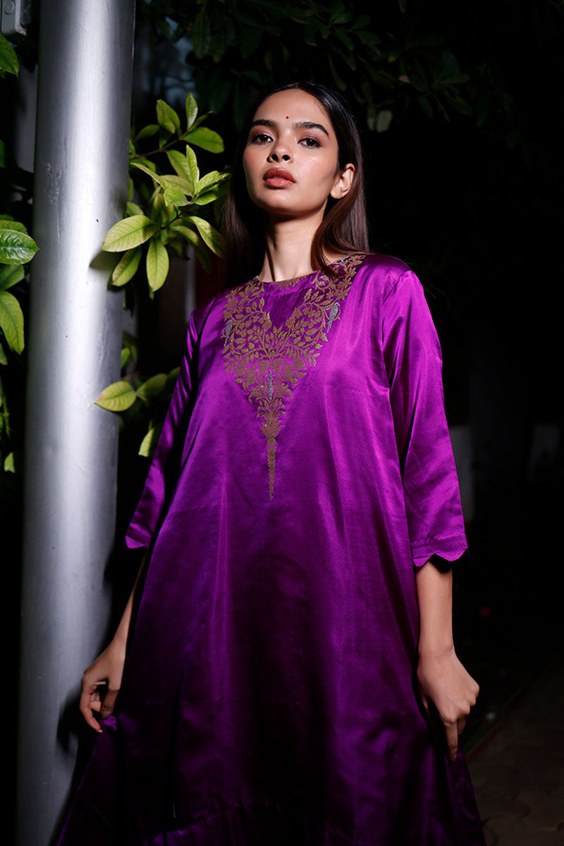 Purple Ethnic Handwoven Satin Silk Asymmetric Kurta Set – Chinaya Banaras