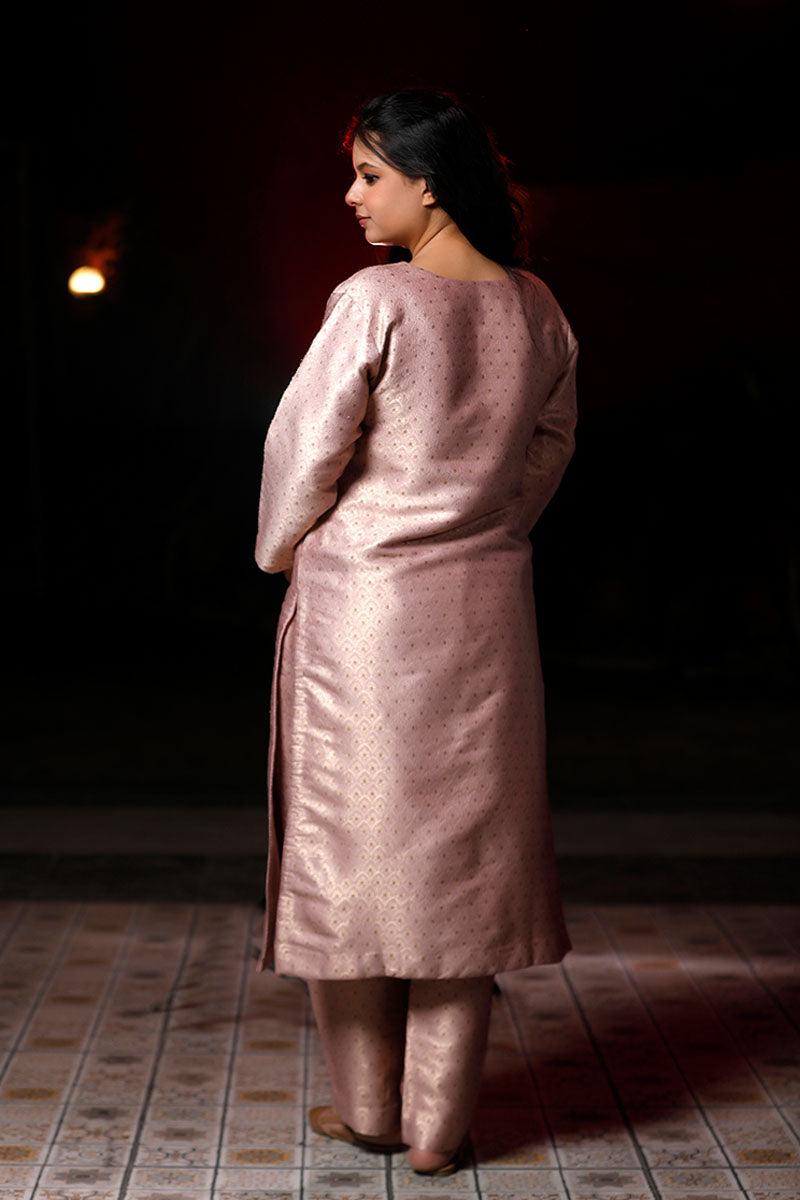 Baby Pink Woven Mulberry Silk Kurta Set