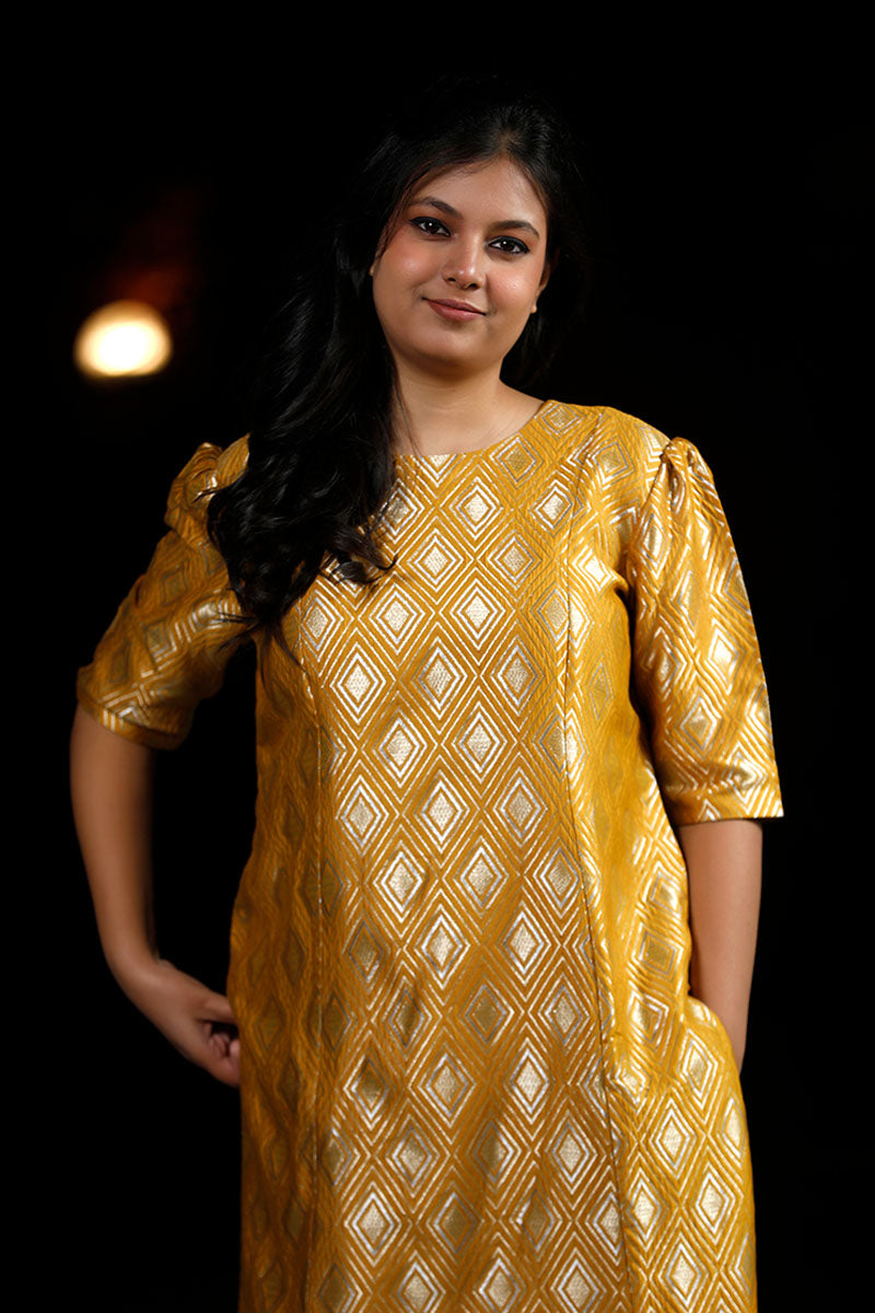 Mustard Yellow Woven Mulberry Silk Kurta Set