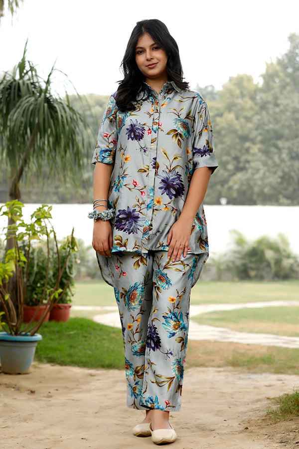 Blue Floral Printed Co-ord Set By Chinaya Banaras