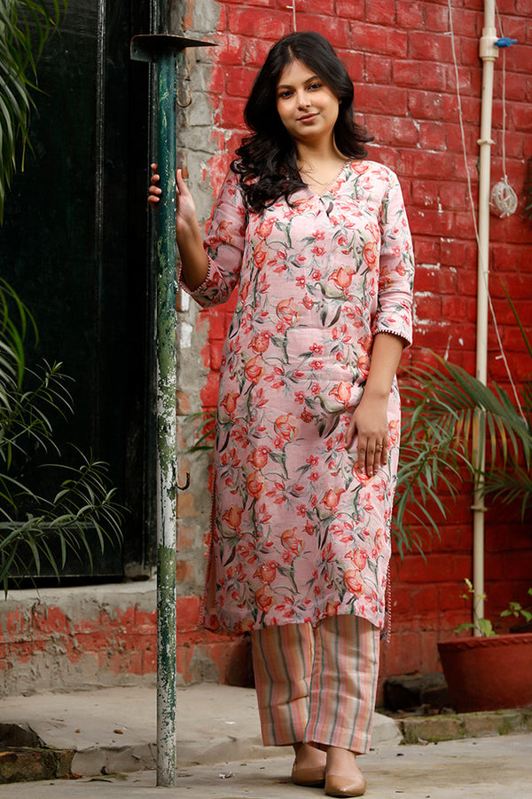 Flamingo Pink Floral Printed Cotton Kurta Set