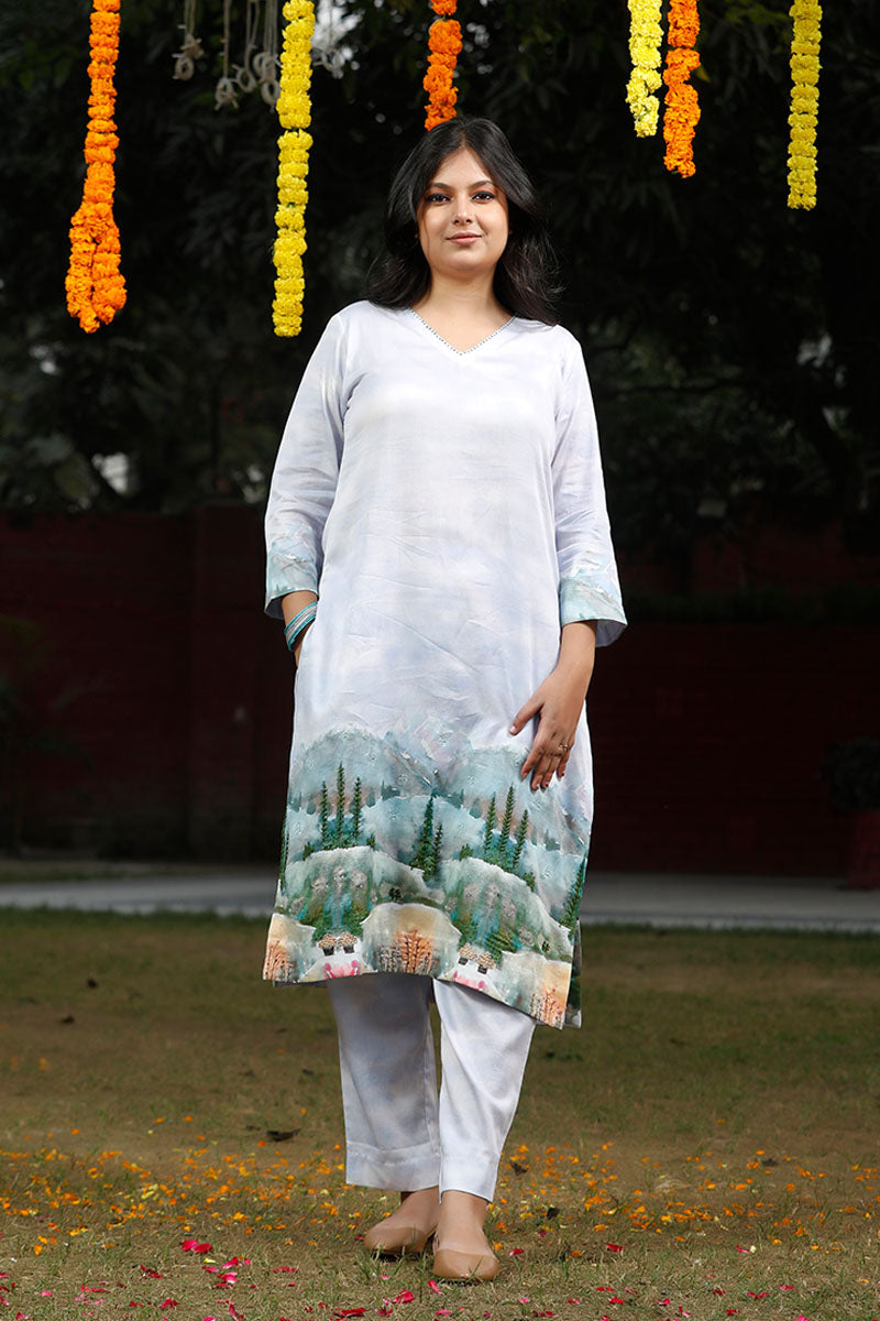 Powder Blue Ethnic Printed Cotton Kurta Set