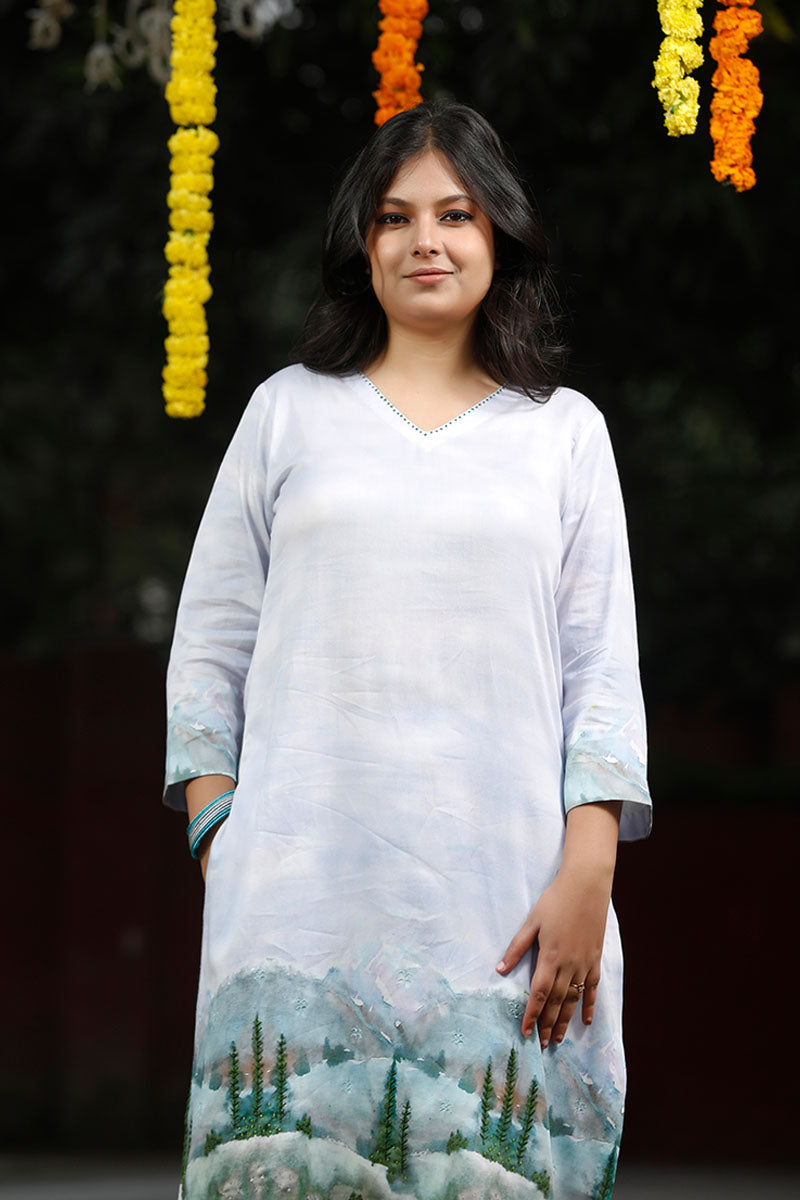 Powder Blue Ethnic Printed Cotton Kurta Set