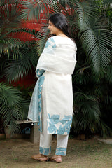 White & Sky Blue Applique Organza Silk Suit Set