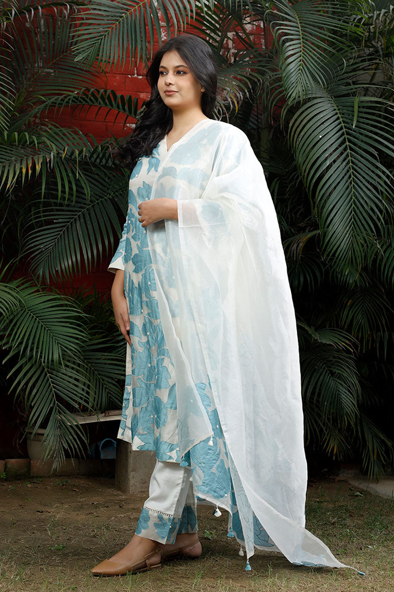 White & Sky Blue Applique Organza Silk Suit Set