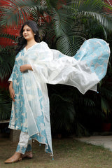 White & Sky Blue Applique Organza Silk Suit Set