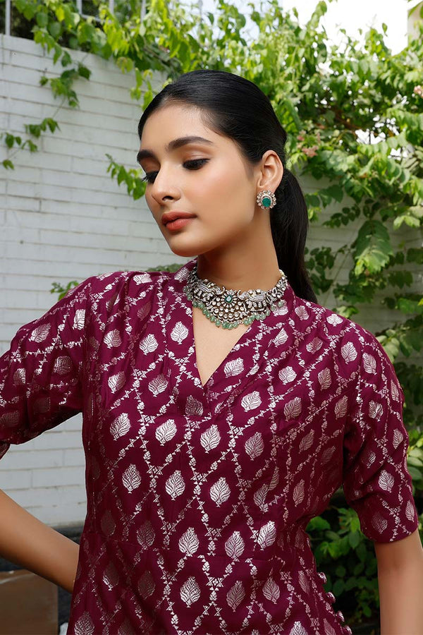 Wine Woven Mulberry Silk Sharara Set