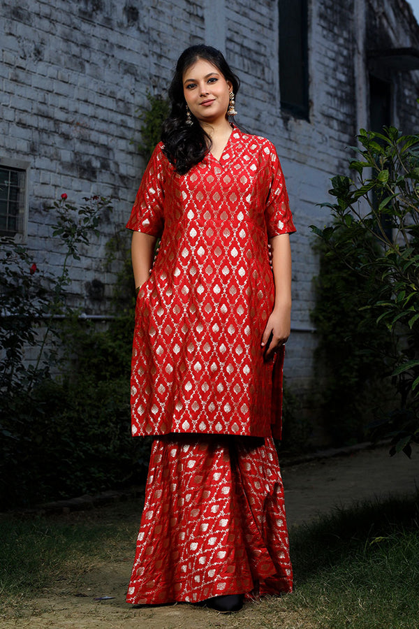 Red  Silk Sharara Set By Chinaya Banaras