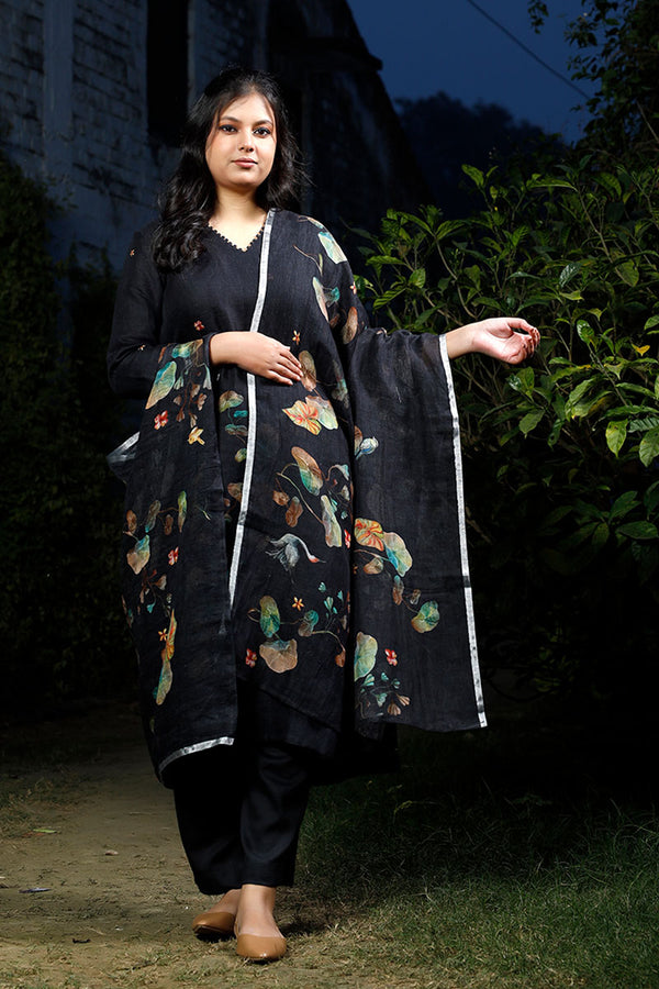 Midnight Black Floral Printed Linen Suit Set