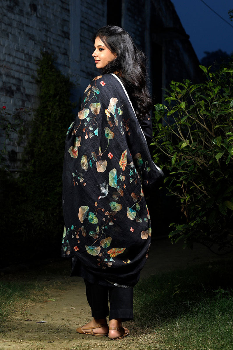 Midnight Black Floral Printed Linen Suit Set