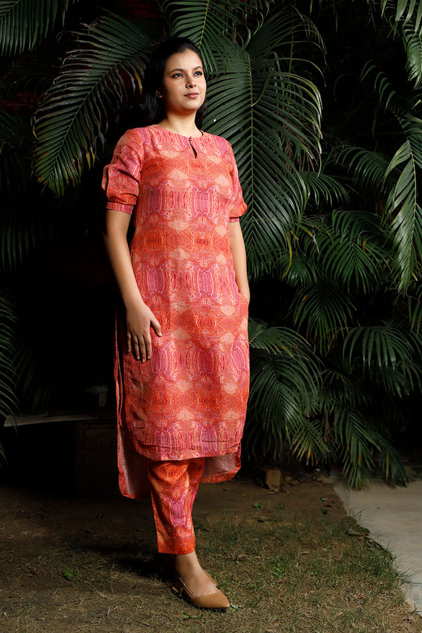 Red Printed Linen  Kurta Set By Chinaya Banaras