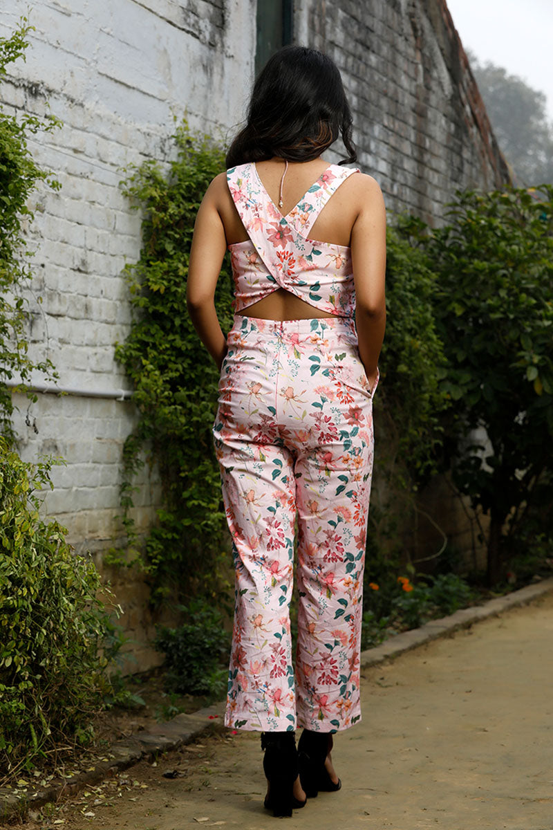 Flamingo Pink Embellished Cotton Lycra Jumpsuit