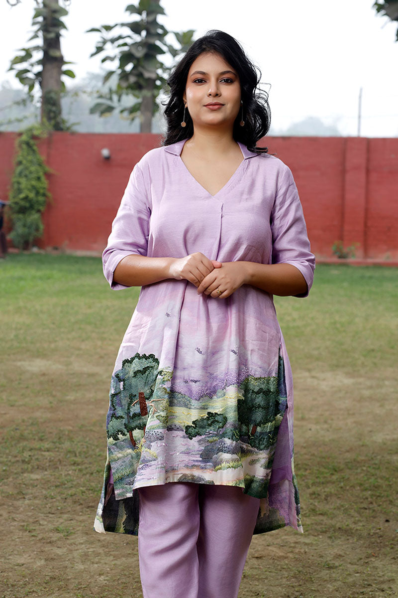 Lilac Embellished Cotton Kurta Set