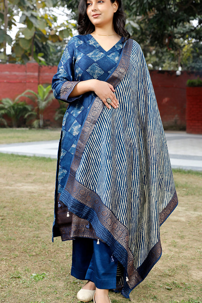Navy Blue Geometrical Printed Chanderi Silk Suit Set