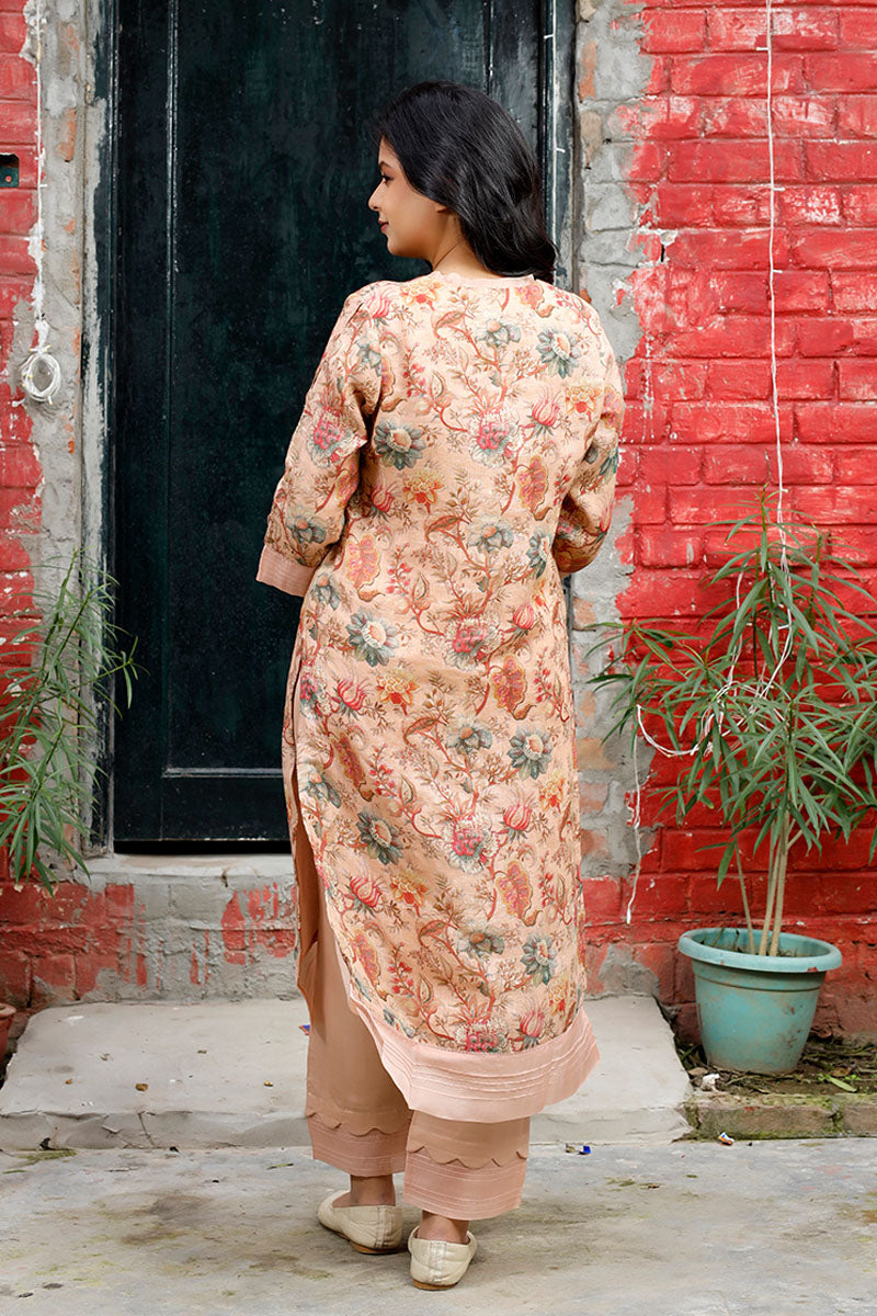 Rust Peach Floral Printed Linen Kurta Set