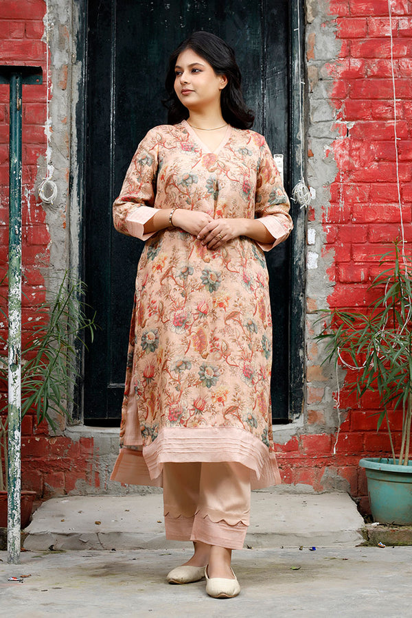 Peach Floral Printed Linen Kurta Set By Chinaya Banaras