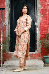 Rust Peach Floral Printed Linen Kurta Set