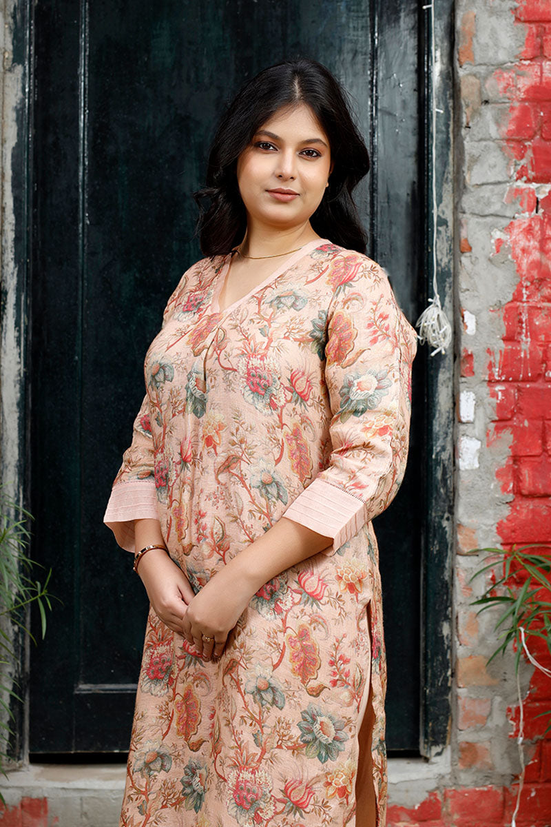 Rust Peach Floral Printed Linen Kurta Set