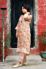 Rust Peach Floral Printed Linen Kurta Set